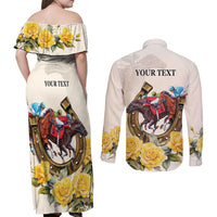 Melbourne Horse Racing Personalised Couples Matching Off Shoulder Maxi Dress and Long Sleeve Button Shirt Australian Horse With Yellow Roses - Wonder Print Shop