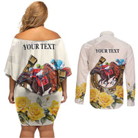 Melbourne Horse Racing Personalised Couples Matching Off Shoulder Short Dress and Long Sleeve Button Shirt Australian Horse With Yellow Roses - Wonder Print Shop