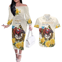 Melbourne Horse Racing Personalised Couples Matching Off The Shoulder Long Sleeve Dress and Hawaiian Shirt Australian Horse With Yellow Roses - Wonder Print Shop