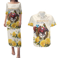Melbourne Horse Racing Personalised Couples Matching Puletasi and Hawaiian Shirt Australian Horse With Yellow Roses - Wonder Print Shop