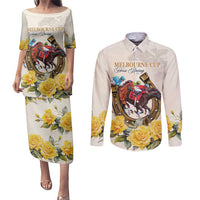 Melbourne Horse Racing Personalised Couples Matching Puletasi and Long Sleeve Button Shirt Australian Horse With Yellow Roses - Wonder Print Shop