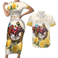 Melbourne Horse Racing Personalised Couples Matching Short Sleeve Bodycon Dress and Hawaiian Shirt Australian Horse With Yellow Roses - Wonder Print Shop