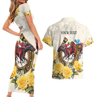 Melbourne Horse Racing Personalised Couples Matching Short Sleeve Bodycon Dress and Hawaiian Shirt Australian Horse With Yellow Roses - Wonder Print Shop