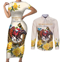 Melbourne Horse Racing Personalised Couples Matching Short Sleeve Bodycon Dress and Long Sleeve Button Shirt Australian Horse With Yellow Roses - Wonder Print Shop