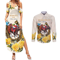 Melbourne Horse Racing Personalised Couples Matching Summer Maxi Dress and Long Sleeve Button Shirt Australian Horse With Yellow Roses - Wonder Print Shop