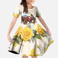 Melbourne Horse Racing Personalised Family Matching Off The Shoulder Long Sleeve Dress and Hawaiian Shirt Australian Horse With Yellow Roses - Wonder Print Shop