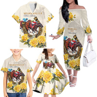Melbourne Horse Racing Personalised Family Matching Off The Shoulder Long Sleeve Dress and Hawaiian Shirt Australian Horse With Yellow Roses - Wonder Print Shop