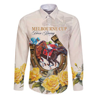 Melbourne Horse Racing Personalised Family Matching Off The Shoulder Long Sleeve Dress and Hawaiian Shirt Australian Horse With Yellow Roses - Wonder Print Shop