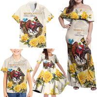 Melbourne Horse Racing Personalised Family Matching Off Shoulder Maxi Dress and Hawaiian Shirt Australian Horse With Yellow Roses - Wonder Print Shop