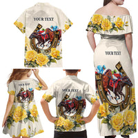 Melbourne Horse Racing Personalised Family Matching Off Shoulder Maxi Dress and Hawaiian Shirt Australian Horse With Yellow Roses - Wonder Print Shop