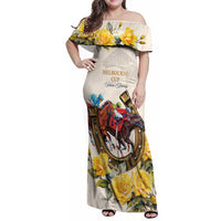 Melbourne Horse Racing Personalised Family Matching Off Shoulder Maxi Dress and Hawaiian Shirt Australian Horse With Yellow Roses - Wonder Print Shop
