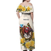 Melbourne Horse Racing Personalised Family Matching Off Shoulder Maxi Dress and Hawaiian Shirt Australian Horse With Yellow Roses - Wonder Print Shop