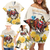 Melbourne Horse Racing Personalised Family Matching Off Shoulder Short Dress and Hawaiian Shirt Australian Horse With Yellow Roses - Wonder Print Shop
