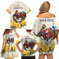 Melbourne Horse Racing Personalised Family Matching Off Shoulder Short Dress and Hawaiian Shirt Australian Horse With Yellow Roses - Wonder Print Shop