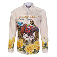Melbourne Horse Racing Personalised Family Matching Off Shoulder Short Dress and Hawaiian Shirt Australian Horse With Yellow Roses - Wonder Print Shop