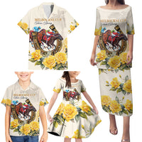 Melbourne Horse Racing Personalised Family Matching Puletasi and Hawaiian Shirt Australian Horse With Yellow Roses - Wonder Print Shop