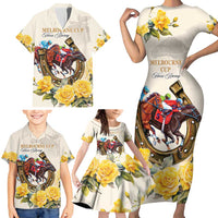 Melbourne Horse Racing Personalised Family Matching Short Sleeve Bodycon Dress and Hawaiian Shirt Australian Horse With Yellow Roses - Wonder Print Shop