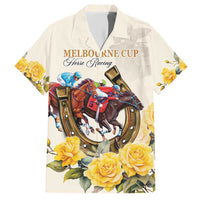 Melbourne Horse Racing Personalised Family Matching Short Sleeve Bodycon Dress and Hawaiian Shirt Australian Horse With Yellow Roses - Wonder Print Shop