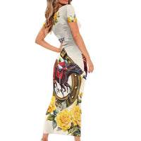 Melbourne Horse Racing Personalised Family Matching Short Sleeve Bodycon Dress and Hawaiian Shirt Australian Horse With Yellow Roses - Wonder Print Shop
