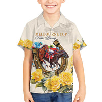 Melbourne Horse Racing Personalised Family Matching Short Sleeve Bodycon Dress and Hawaiian Shirt Australian Horse With Yellow Roses - Wonder Print Shop