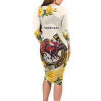 Melbourne Horse Racing Personalised Long Sleeve Bodycon Dress Australian Horse With Yellow Roses - Wonder Print Shop