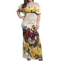 Melbourne Horse Racing Personalised Off Shoulder Maxi Dress Australian Horse With Yellow Roses - Wonder Print Shop