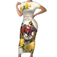 Melbourne Horse Racing Personalised Short Sleeve Bodycon Dress Australian Horse With Yellow Roses - Wonder Print Shop
