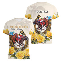 Melbourne Horse Racing Personalised Women V-Neck T-Shirt Australian Horse With Yellow Roses - Wonder Print Shop