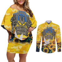 Glory to Ukraine Couples Matching Off Shoulder Short Dress and Long Sleeve Button Shirt Sunflower Field Modern Art