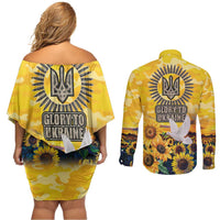 Glory to Ukraine Couples Matching Off Shoulder Short Dress and Long Sleeve Button Shirt Sunflower Field Modern Art