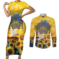 Glory to Ukraine Couples Matching Short Sleeve Bodycon Dress and Long Sleeve Button Shirt Sunflower Field Modern Art