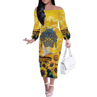 Glory to Ukraine Family Matching Off The Shoulder Long Sleeve Dress and Hawaiian Shirt Sunflower Field Modern Art