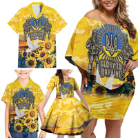 Glory to Ukraine Family Matching Off Shoulder Short Dress and Hawaiian Shirt Sunflower Field Modern Art