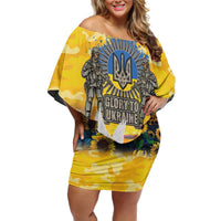 Glory to Ukraine Family Matching Off Shoulder Short Dress and Hawaiian Shirt Sunflower Field Modern Art