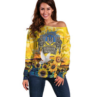 Glory to Ukraine Off Shoulder Sweater Sunflower Field Modern Art
