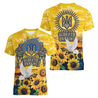 Glory to Ukraine Women V-Neck T-Shirt Sunflower Field Modern Art