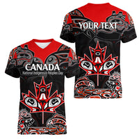 Custom Canada National Aboriginal Day Women V Neck T Shirt Indigenous Art Stylization - Wonder Print Shop