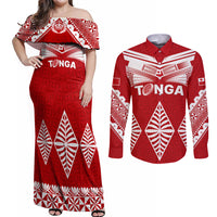 Tonga Rugby Couples Matching Off Shoulder Maxi Dress and Long Sleeve Button Shirts Proud Tongan Ngatu Kupesi World Cup 2023 No1 LT9 - Wonder Print Shop