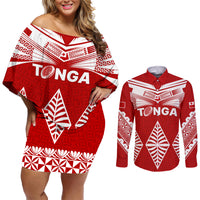 Tonga Rugby Couples Matching Off Shoulder Short Dress and Long Sleeve Button Shirts Proud Tongan Ngatu Kupesi World Cup 2023 No1 LT9 - Wonder Print Shop