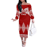 Tonga Rugby Off The Shoulder Long Sleeve Dress Proud Tongan Ngatu Kupesi World Cup 2023 No1 - Wonder Print Shop