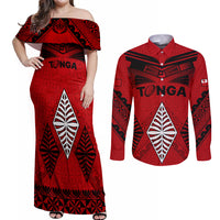 Tonga Rugby Couples Matching Off Shoulder Maxi Dress and Long Sleeve Button Shirts Proud Tongan Ngatu Kupesi World Cup 2023 No2 LT9 - Wonder Print Shop