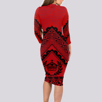 Tonga Rugby Long Sleeve Bodycon Dress Proud Tongan Ngatu Kupesi World Cup 2023 No2 - Wonder Print Shop