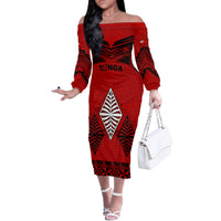 Tonga Rugby Off The Shoulder Long Sleeve Dress Proud Tongan Ngatu Kupesi World Cup 2023 No2 - Wonder Print Shop