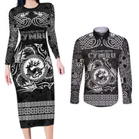 Personalized Carmarthenshire Sir Gaerfyrddin Couples Matching Long Sleeve Bodycon Dress and Long Sleeve Button Shirt Black Deer Stag Celtic-inspired - Wonder Print Shop