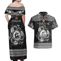 Personalized Carmarthenshire Sir Gaerfyrddin Couples Matching Off Shoulder Maxi Dress and Hawaiian Shirt Black Deer Stag Celtic-inspired - Wonder Print Shop