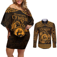 Personalized Carmarthenshire Sir Gaerfyrddin Couples Matching Off Shoulder Short Dress and Long Sleeve Button Shirt Gold Deer Stag Celtic-inspired - Wonder Print Shop