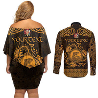 Personalized Carmarthenshire Sir Gaerfyrddin Couples Matching Off Shoulder Short Dress and Long Sleeve Button Shirt Gold Deer Stag Celtic-inspired - Wonder Print Shop