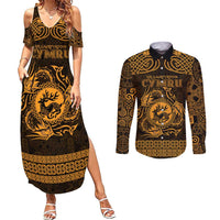 Personalized Carmarthenshire Sir Gaerfyrddin Couples Matching Summer Maxi Dress and Long Sleeve Button Shirt Gold Deer Stag Celtic-inspired - Wonder Print Shop
