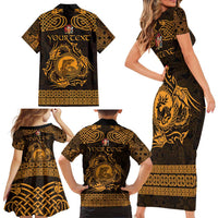 Personalized Carmarthenshire Sir Gaerfyrddin Family Matching Short Sleeve Bodycon Dress and Hawaiian Shirt Gold Deer Stag Celtic-inspired - Wonder Print Shop