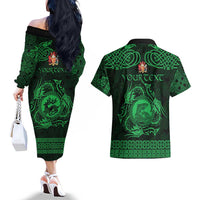 Personalized Carmarthenshire Sir Gaerfyrddin Couples Matching Off The Shoulder Long Sleeve Dress and Hawaiian Shirt Green Deer Stag Celtic-inspired - Wonder Print Shop